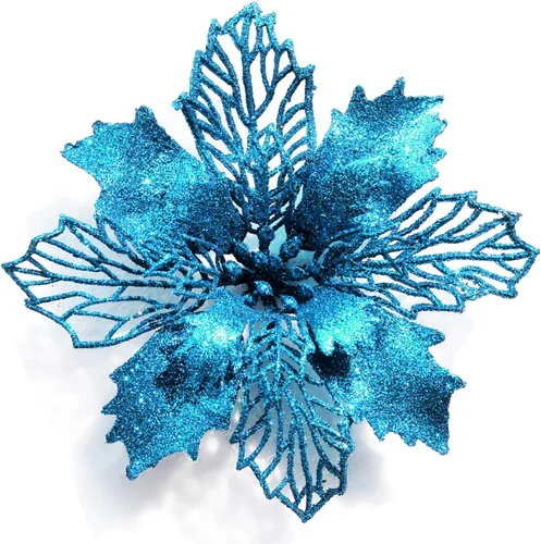 Miniatura 4 de Paquete de 12 flores de Pascua artificiales con purpurina para corona de Navidad, adornos de flores para árbol de Navidad, 6'' (16cm) de diámetro