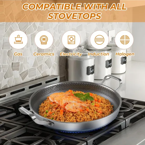 Miniatura 5 de Sartén de acero inoxidable con tapa de cocción, sartenes antiadherentes de 13 pulgadas, sin PFOA, aptas para lavavajillas y horno