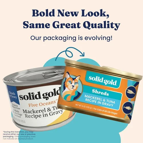 Miniatura 3 de Solid Gold comida húmeda para gatos desmenuzada con salsa - Alimento enlatado para gatos hecho con atún real y caballa - Sin granos de los Cinco