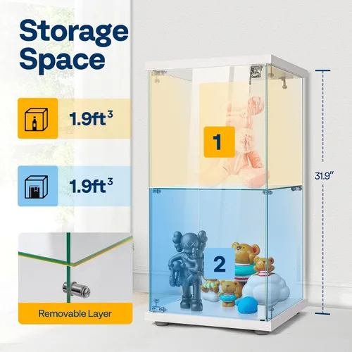 Miniatura 3 de VIVOHOME Gabinete de exhibición de vidrio de 2 capas con cerradura, 15.7" x 15.7" x 31.9" (ancho x profundidad x altura), vidrio templado, base