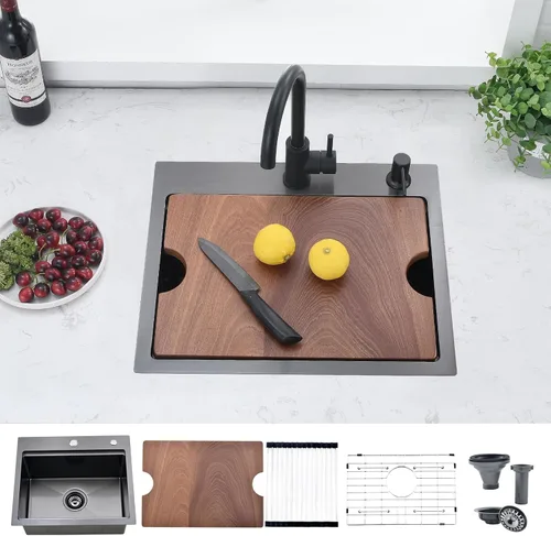 Miniatura 16 de Fregadero de cocina de 33 x 19 pulgadas, estación de trabajo de montaje superior, de acero inoxidable calibre 16, fregadero de cocina de un solo
