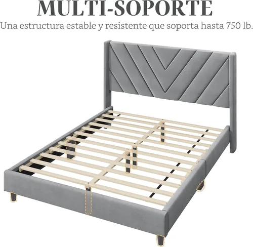 Miniatura 9 de Yaheetech Armazón de Cama Full Tapizado Cama de Plataforma con Cabecera Acolchada con Alas Laterales/Soporte de Listones de Madera Resistente/No