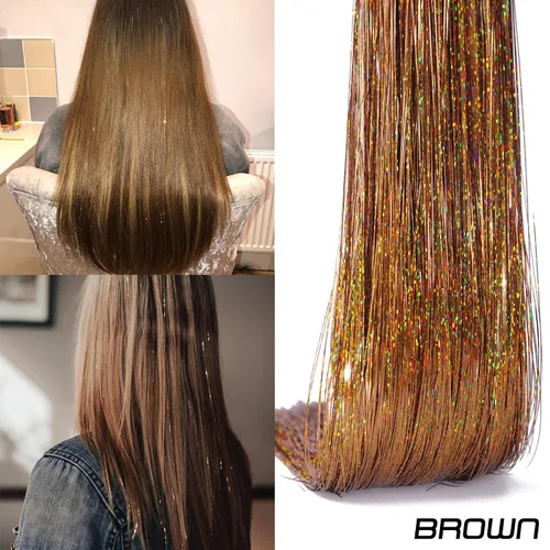 Miniatura 2 de Extensiones de oropel con clip para el cabello, reflejos castaños, 20.5 pulgadas, 6 piezas por paquete, extensiones de cabello sintético multicolor