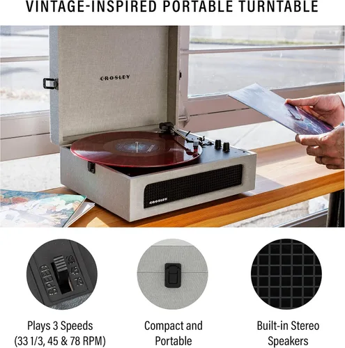 Miniatura 2 de Crosley CR8017B-GY Voyager - Tocadiscos portátil vintage de vinilo con Bluetooth de entrada/salida y altavoces integrados, gris