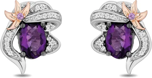 Miniatura 2 de Jewelili Enchanted Disney Fine Jewelry - Aretes tipo dormilona de plata de ley y oro rosa de 10 quilates con diamante blanco de 110 CTTW y amatista