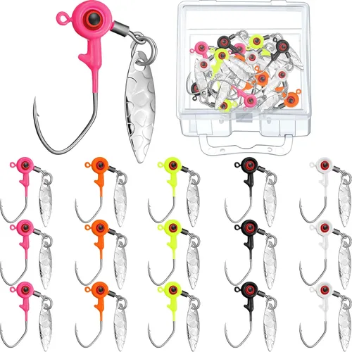 Miniatura 7 de Skylety Juego de 15 cabezas de plantilla de pesca, señuelos de pesca, anzuelos, cabezas de camino con caja de plástico giratoria, para lubina