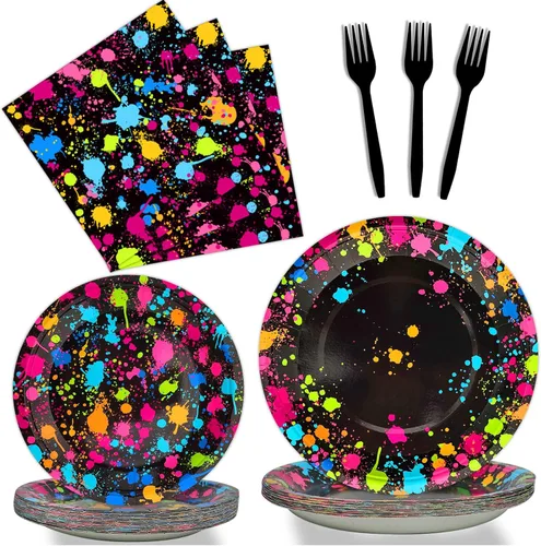Suministros de fiesta de neón para 24 invitados, juego de platos y servilletas de papel desechables de neón, vajilla brillante, decoración de fiesta