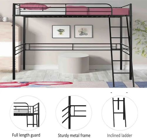 Miniatura 3 de Base de cama de metal tipo loft con escalera y barandilla de seguridad, marco de cama moderno de plataforma individual con espacio debajo de la cama