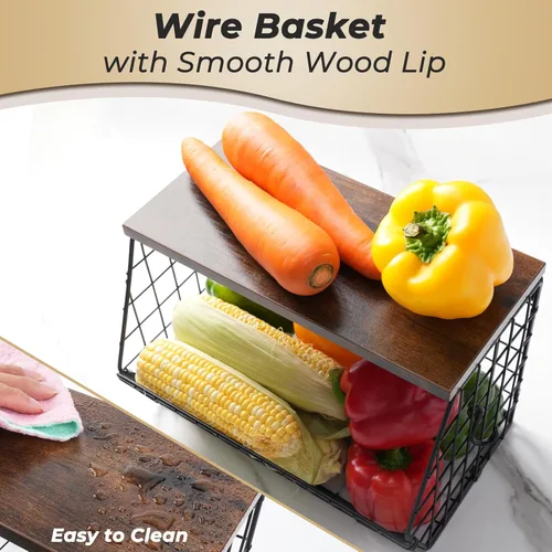Miniatura 6 de Mefirt 2 cestas de frutas para almacenamiento de cocina con tapa de madera, cesta de pared apilable para cocina, organizador de encimera para Marrón