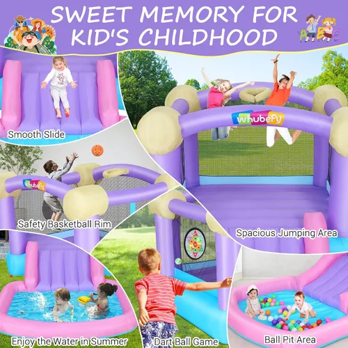 Miniatura 2 de Whubefy Casa inflable rosa para niños de 2 a 8 años con tobogán, pozo de bolas y 50 bolas oceánicas, castillo de salto de 161 x 82 x 63 pulgadas