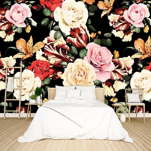 Miniatura 29 de Papel tapiz floral de peonía negra para dormitorio, flores botánicas moradas, hojas murales para sala de estar, fondo de TV, mural grande