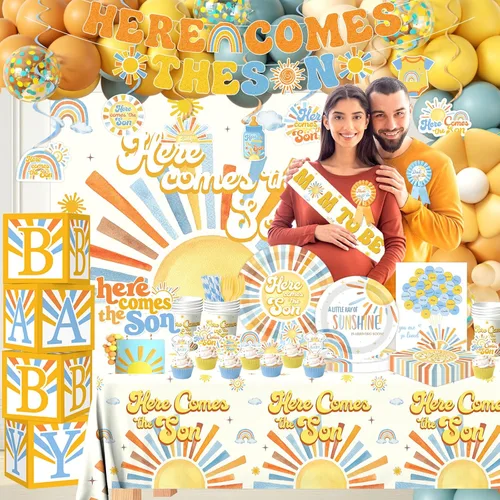 Miniatura 3 de Here Comes the Son - Decoración para baby shower para niño, todo en 1, decoración bohemia retro para baby shower con arco de globos, cajas de bebé
