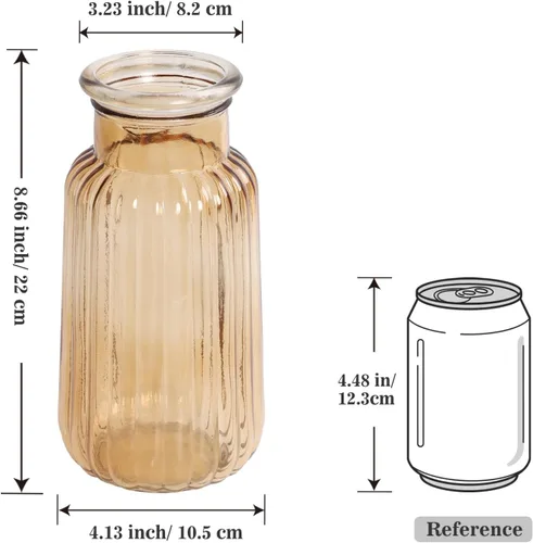 Miniatura 8 de Jarrón de cristal ámbar, florero acanalado de 8.7 pulgadas de alto para ramo, centro de mesa, decoración de mesa de comedor, jarrones transparentes