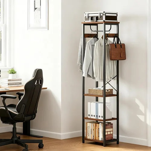 Miniatura 7 de Perchero con Barra para Colgar, Estante para Ropa con 3 Estantes de Madera y 4 Ganchos, Árbol de Pasillo Independiente, Organizador de Perchero