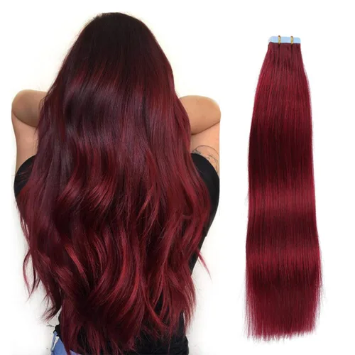 Miniatura 30 de SUYYA - Extensiones de cabello adhesivas de color borgoña; cabello humano 100 % real; extensiones de cabello adhesivas, invisibles, lacias y sin