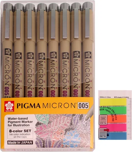 Sakura Pigma Micron Fineliners Pen High Light Soft Head Pen Dibujo Manga, colores surtidos 8 bolígrafos (005-Assort Color) -Incluye cinta de índice