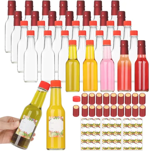 Miniatura 8 de Alotpower Paquete de 35 botellas de salsa picante de 5 onzas, botellas vacías de vidrio transparente con tapas de rosca negras a prueba de fugas