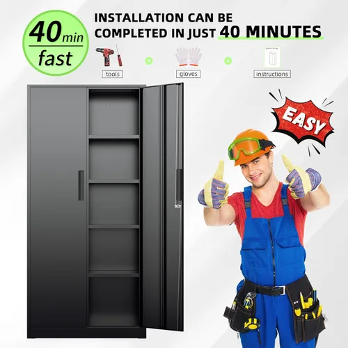 Miniatura 7 de Bonusall Armario de almacenamiento de 72 pulgadas, 2 puertas con bloqueo y 4 estantes ajustables, armarios altos, gabinete de acero resistente