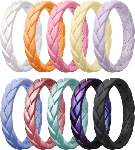 Miniatura 112 de Egnaro Anillos de boda de silicona para ella, conjuntos de novia de goma para mujer, bandas finas, diseño trenzado de hojas apilables con ranuras