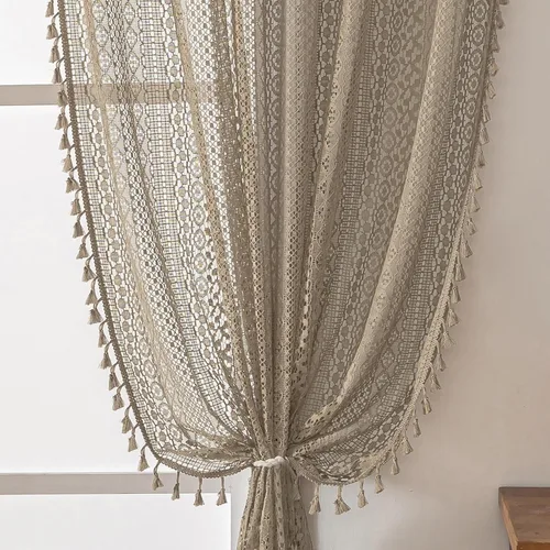 Miniatura 32 de WAZZIO Cortinas de Encaje, Cortina Boho de Crochet para Dormitorio, Cortinas de Café de Algodón, 45 Pulgadas de Largo, 2 Paneles con Bolsillo