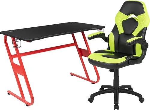 Miniatura 73 de Flash Furniture Juego de escritorio para juegos negro y silla de carreras blanco/negro con soporte para tazas, gancho para auriculares y soporte