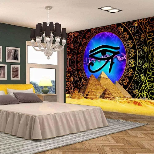 Miniatura 3 de Aidatain Tapiz de pirámide egipcio ojo de Horus para colgar en la pared, mandala dorado bohemio, franela de mitología antigua, tamaño grande, 80