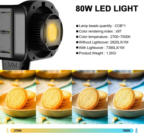 Miniatura 3 de GVM - Luz de video de 80 W, iluminación continua para fotografía con montaje Bowens, 2700 ~ 7500K, 44100Lux/1.6 ft luz de estudio con aplicación