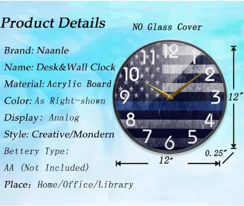 Miniatura 2 de Naanle Reloj de pared redondo con estampado de bandera de la policía estadounidense envejecida, reloj de escritorio analógico silencioso de 12