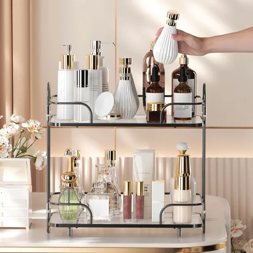Miniatura 6 de Organizador de esquina de 2 niveles para encimera de baño, organizador cosmético para el cuidado de la piel, bandeja de perfume para encimera