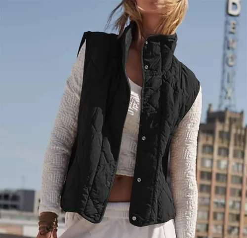 Miniatura 2 de Veatzaer Chaleco acolchado de gran tamaño para mujer, cuello alto, ligero, sin mangas, con botones