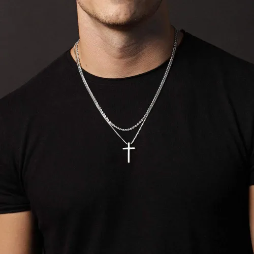 Miniatura 2 de Ursteel - Collar con dije de cruz de acero inoxidable para hombre, cadena de eslabones cuadrados de 16 a 30 pulgadas, color plateado, negro, dorado