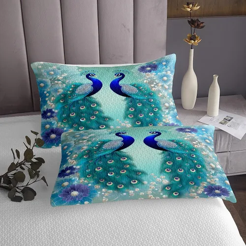 Miniatura 4 de Juego de colcha de pavo real, bohemio, acolchado, exótico, pájaros exóticos, animales, azul marino, verde azulado, floral, fresco, natural, con 2