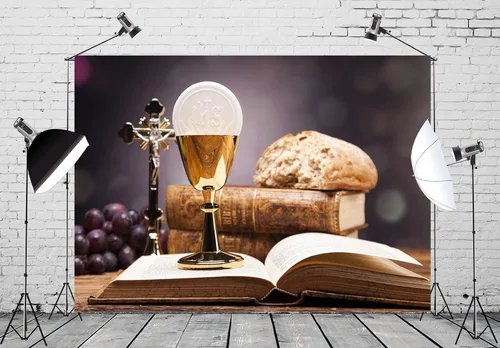 Miniatura 2 de Telón de fondo de tela de 5 x 3 pies para la primera comunión, objetos sagrados, Biblia, pan, vino, fotografía, fondo, iglesia cristiana, evento