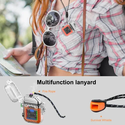 Miniatura 6 de SUPRUS Luminoso 3 modos de linterna resistente al viento, impermeable, encendedor eléctrico recargable de plasma de doble arco con silbato de Naranja