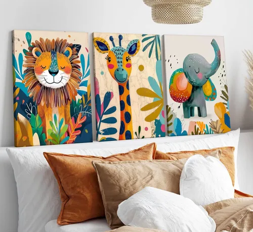 Miniatura 6 de 3 piezas de lienzo de animales de safari para guardería, arte de pared, lindo elefante acuarela, jirafa, león, decoración de pared, coloridos Póster