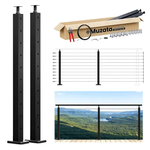 Miniatura 11 de Muzata Paquete de 4 postes de barandilla de cable negro de 36 pulgadas, 36 x 2 x 2 pulgadas, montaje en superficie perforada de nivel T304, kit