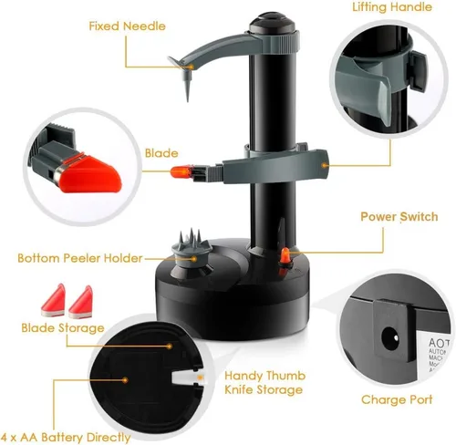 Miniatura 2 de TOPCHANCES Pelador de patatas eléctrico automático multifuncional, cortador de frutas y verduras giratorio automático, herramienta de pelado de Negro