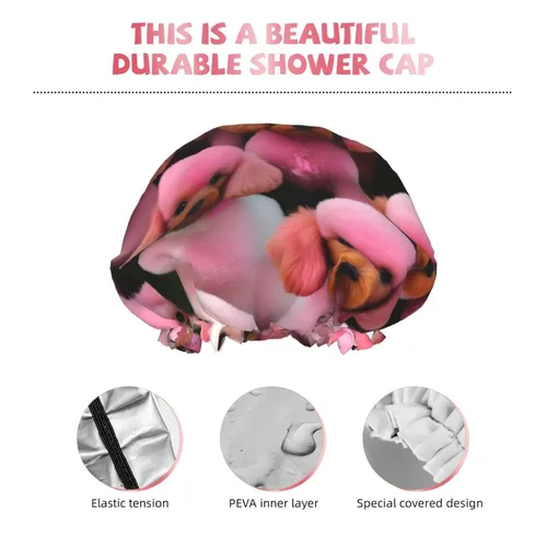 Miniatura 5 de Gorro de ducha reutilizable con estampado de cerdo rosa para mujer, doble capa impermeable, gorro de baño de secado rápido