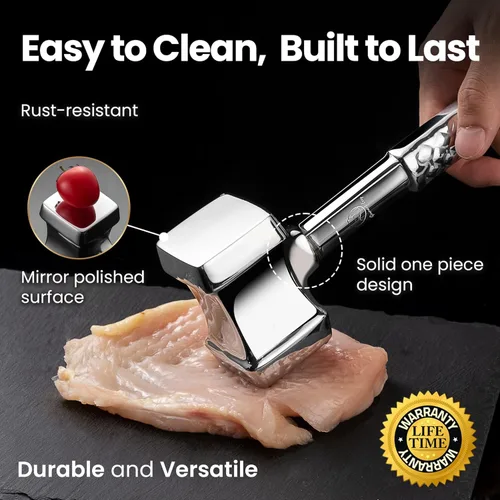 Miniatura 4 de Herramienta ablandadora de carne de acero inoxidable, mazo de carne premium con agarre antideslizante, mazo de cocina de doble cara ideal