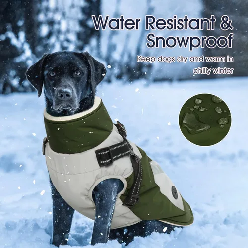 Miniatura 5 de IECOii Abrigo para perro con arnés integrado, verde, grande, abrigo de invierno impermeable, chaqueta de nieve con forro polar para perros Verde