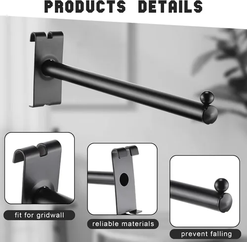 Miniatura 4 de Therwen Paquete de 10 ganchos de pared de rejilla de 12 pulgadas con brazo recto con una rejilla de bola, ganchos de pared de rejilla de metal