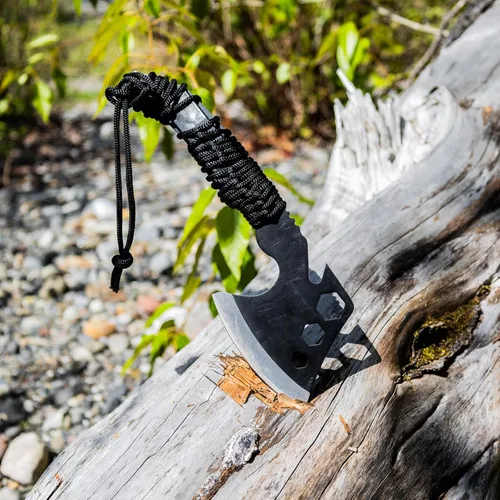 Miniatura 2 de ASR Outdoor Hacha de acero de espiga completa de 12 pulgadas con gancho de tripa, agujeros hexagonales, mango y funda de paracaídas, color negro