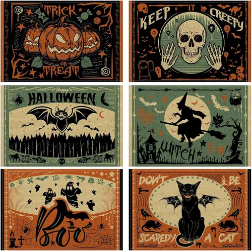 Miniatura 9 de Umigy 6 manteles individuales de Halloween de 12 x 18 pulgadas, manteles individuales góticos de murciélago para decoración de cocina, manteles