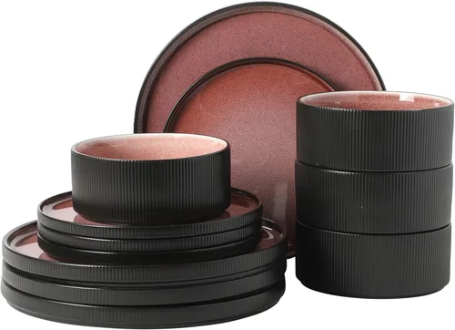 Miniatura 29 de Gibson Elite Winchester Way - Juego de vajilla de gres en relieve de 12 piezas, esmalte mate reactivo, platos y cuencos duraderos Lightweight-Tech
