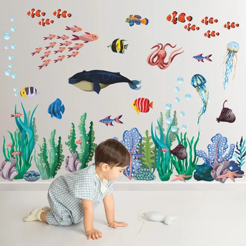 Miniatura 7 de Adhesivo creativo extraíble 3D bajo el mar para pared, diseño de hierba de coral, vida oceánica, despegar y pegar, decoración de pared de peces