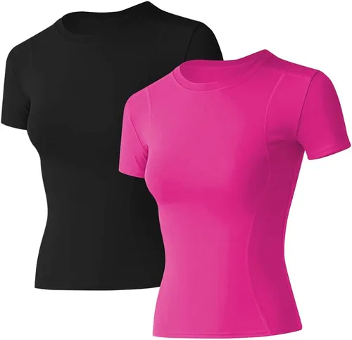 Loovoo Paquete de 2 camisas de entrenamiento para mujer, manga larga, manga corta, compresión atlética, ajuste seco, yoga, gimnasio