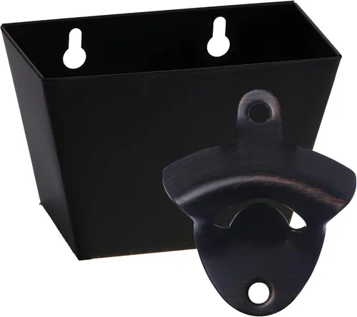 Miniatura 9 de Abrebotellas de montaje en pared negro con orificios de drenaje de acero inoxidable con captador de tapa