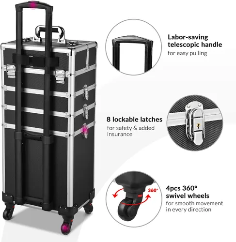 Miniatura 4 de BYOOTIQUE - Estuche de maquillaje clásico negro 4 en 1 con cerradura cosmética para artista de maquillaje, estuche de tren de viaje