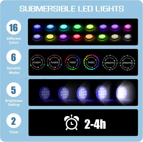 Miniatura 8 de Luces de piscina, luces LED sumergibles recargables con control remoto, imán integrado, 16 luces flotantes que cambian de color, luces subacuáticas