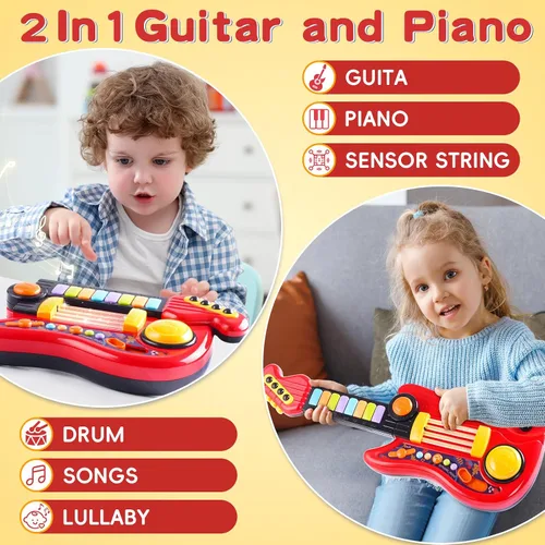 Miniatura 2 de Guitarra-Piano Infantil 2-en-1 Instrumento Musical, Guitarra para Niños Pequeños de 3-5 Años, Niños y Niñas, Juguete Educativo Ajustable, para Rojo